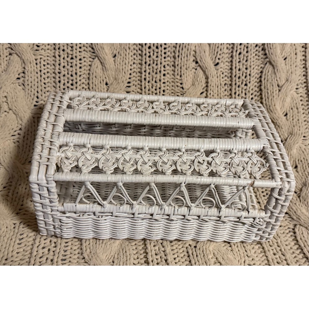 Vintage White Wicker Tissue Box Cover Rectangular Boho Cottagecore Shabby Chic